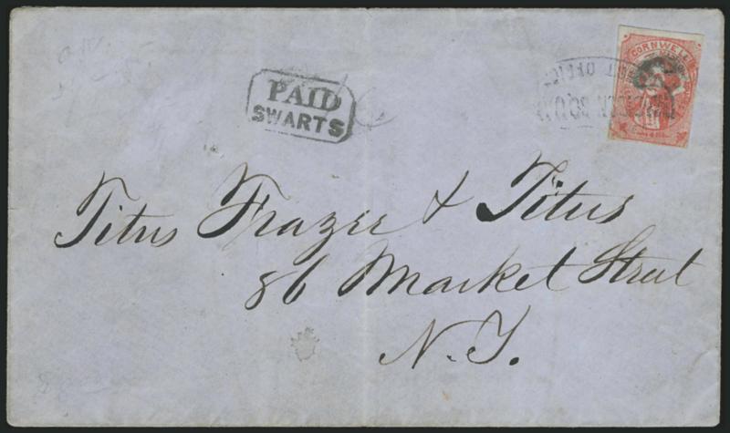 Cornwells Madison Square Post Office, New York N.Y., (1c) Red (52L2).> Large top margin, clear at bottom and sides just touched or in, slight crease, cork cancel, tied by oval Madison Square Post Office
handstamp with Cornwalls deleted, PaidS