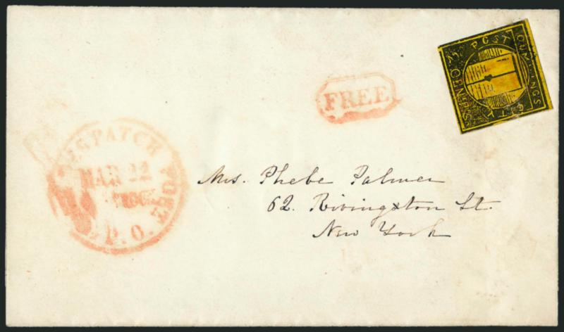 Cummings City Post, New York N.Y., 2c Black on Yellow Glazed (55L3).> Cancelled by <Free in frame,> second strike to left of stamp, used on folded letter to local street address, red <City Despatch Post P.O.
Mar. 22 4 OClock> circular datestamp