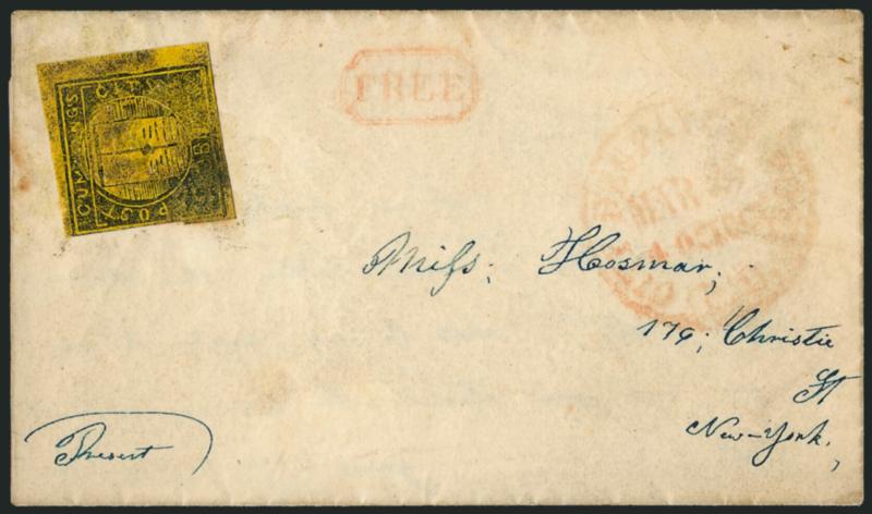 Cummings City Post, New York N.Y., 2c Black on Yellow Glazed (55L3).> Large margins to just in, cancelled by <Free in frame,> second strike to right of stamp, used on folded letter to local street address, red
<City Despatch Post P.O. Mar. 25 4 O