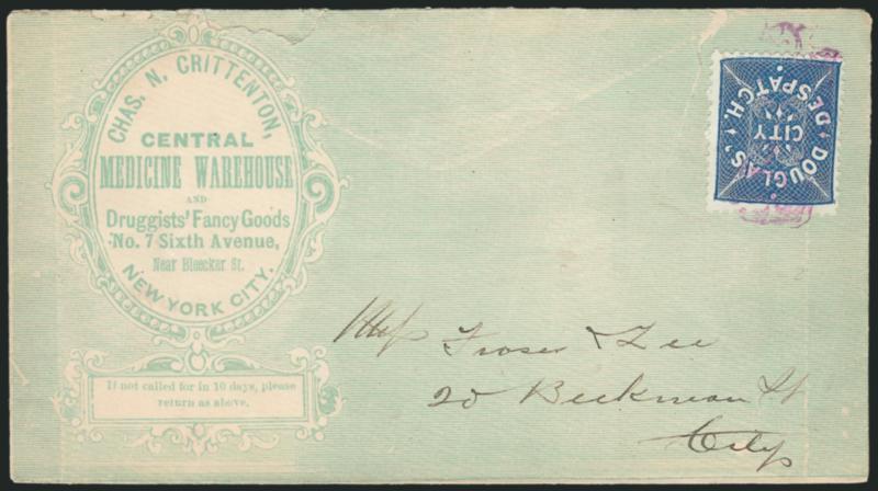 Douglas City Despatch, New York N.Y., (2c) Blue (59L2).> Tied by purple cancel on <druggists green lithographed advertising> cover to local street address, minor opening tear at top, otherwise Very Fine,
extremely scarce and attractive cover, ex Jo