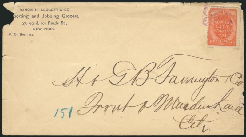 Douglas City Despatch, New York N.Y., 1c Orange (59L4).> Vivid color, short perf, tied by purple cancel on grocers corner card cover to local street address, illustrated advertisement on back, edge faults and
slight toning, otherwise Fine, very sca
