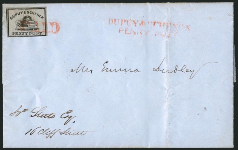 Dupuy & Schenck, New York N.Y., (1c) Black on Gray (60L2).> Large margins to just in, <tied by red Paid handstamp,> matching Dupuy & SchenckPenny Post two-line handstamp on blue May 1847 printed notice to local
street address, light vertical fil