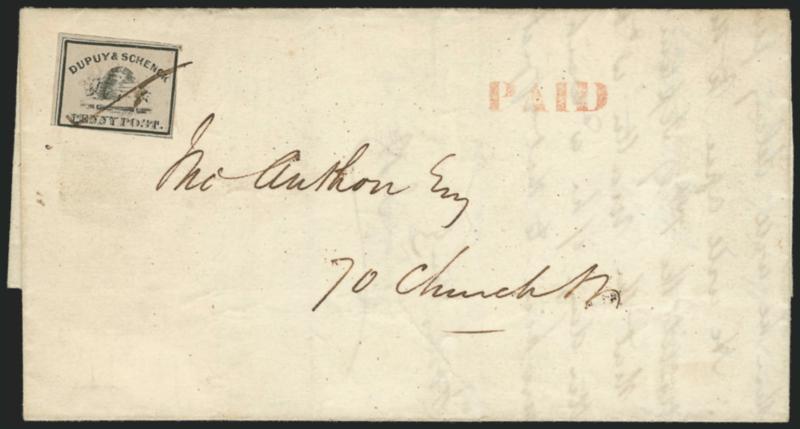 Dupuy & Schenck, New York N.Y., (1c) Black on Gray (60L2).> Large margins to just touching inner frameline, tied by ms. cancel, red Paid straightline handstamp on Jul. 9, 1847 folded letter to local street
address, Very Fine, a fresh and attractive