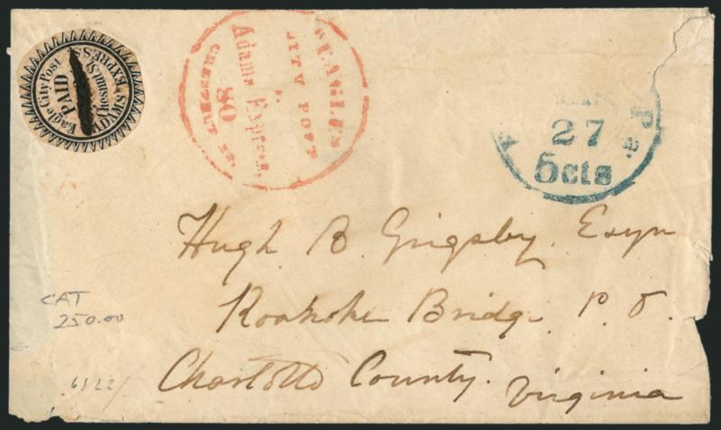 Eagle City Post, Philadelphia Pa., (2c) Black (61L2).> Cut to shape, with 80 of street address crossed out, red Eagle City Post, Adams Express, 80 Chestnut Street handstamp on cover to Roanoke Bridge P.O. Va.,
blue Philada. Pa. 5cts. Mar. 27 in