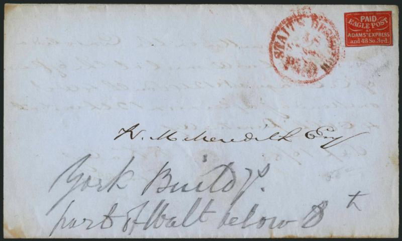 Eagle City Post, Philadelphia Pa., (1c) Red on Bluish (61L3).> Uncancelled, used on blue folded cover to local street address, red Staits Despatch Paid 18 Sept. circular datestamp, with original enclosure,
fresh and Very Fine, with 1990 P.F. certi