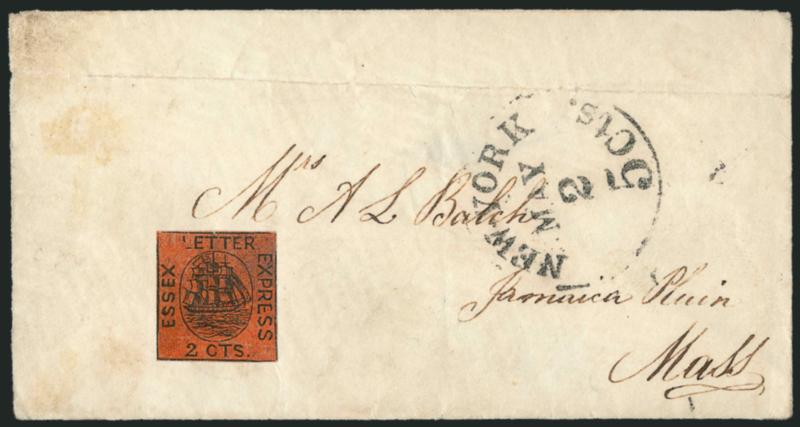 Essex Letter Express, New York N.Y., 2c Black on Red Glazed (65L1).> Small margins with framelines showing on four sides, uncancelled, affixed to small cover to Jamaica Plains Mass., New-York 5 Cts. May 2
integral-rate circular datestamp (ca. 1856)