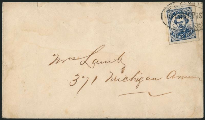 Floyds Penny Post, Chicago Ill., (1c) Blue (68L1).> Large margins, tied by neat strike of Floyds Chicago Penny Post oval handstamp on cover to local street address, cover with trivial staining and small piece
out at top left, Very Fine, Scott Ret