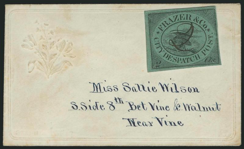 Frazer & Co., Cincinnati O., 2c Black on Green (69L3).> Three full to large margins, outer frameline at right just touched, ms. 2 cancel (not tied), used on small embossed cover addressed in blue print to
<<Miss Sallie Wilson, S. Side 8th Bet. Vin