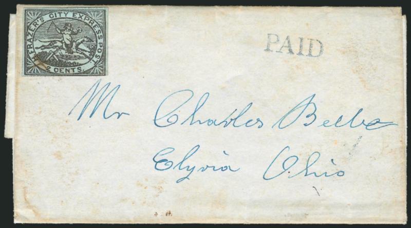 Frazers City Express Post, Cincinnati O., 2c Black on Blue (69L7).> Full margins almost all around, just touching at bottom, ms. X cancel at lower left, affixed to folded cover addressed in blue to Elyria O.,
blue ^PAID^ straightline handstamp,
