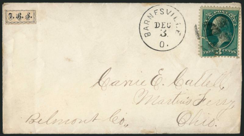 Friends Boarding School, Barnesville O., (1c) Black (151L1).> Margins to just in, uncancelled as usual, used with 3c Green (158) tied by cork, Barnesville O. Dec. 3 circular datestamp on cover to Martins Ferry
O., 3c stamp torn, otherwise Fine