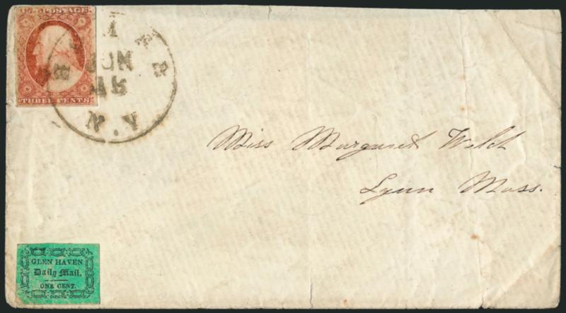 Glen Haven Daily Mail, Glen Haven N.Y., 1c Black on Green Glazed (71L3).> Tied by corner creasing and used with 3c Dull Red, Ty. I (11) tied by Homer N.Y. Jun. 18 circular datestamp on cover to Lynn Mass.,
cover wrinkling affects both stamps, oth