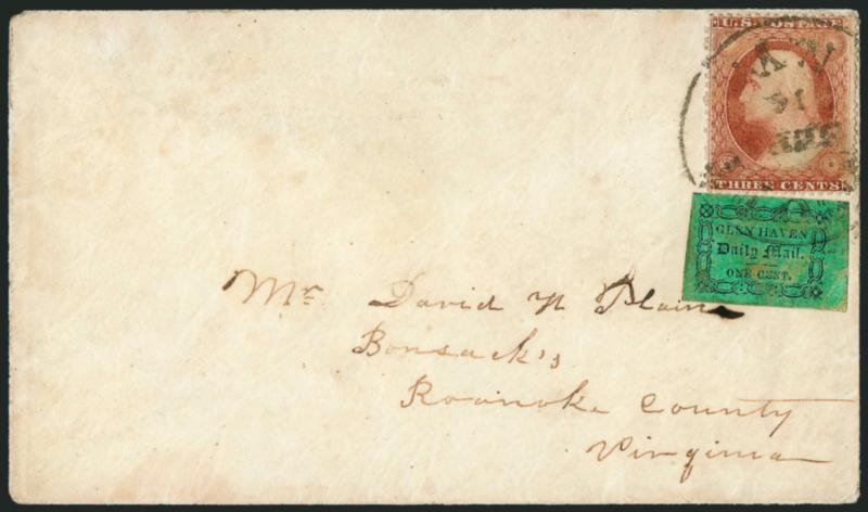 Glen Haven Daily Mail, N.Y., 1c Black on Green Glazed, Ty. IV (71L4).> Ornaments in corners, Patton sub-type Ic, large margins, slight surface flaking in enamel, used with 3c Dull Red, Ty. III (26), <both
stamps tied> by Scott N.Y. Sep. 16 circular