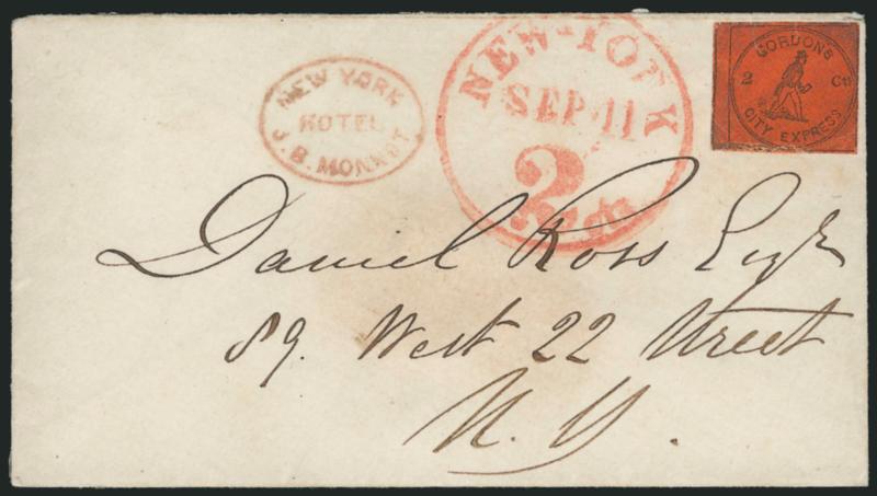 Gordons City Express, New York N.Y., 2c Black on Vermilion (72L1).> Large margin at left, full at top and bottom, just touched at right, bright shade, bottom edge has touched-up fault, small sealed tear at top
left, uncancelled as usual, used on sma