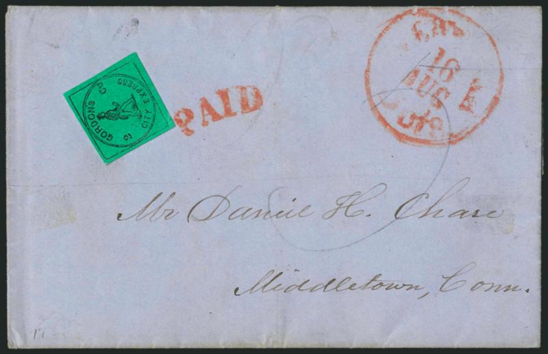 Gordons City Express, New York N.Y., 2c Black on Green Glazed (72L3).> Large margins, faint corner crease, affixed to folded cover to Middletown Conn., red New-York 3cts. 16 Aug. integral-rate circular
datestamp, Very Fine, Scott Retail $650.00