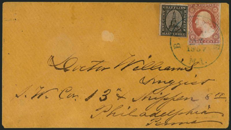 Grafflins Baltimore Despatch, Baltimore Md., 1c Black (73L1).> Large margins to just in, used with 3c Dull Red, Ty. I (11), <both stamps tied> by blue Baltimore Md. May 23, 1857 circular datestamp on orange
cover to Philadelphia, trivial cover wea