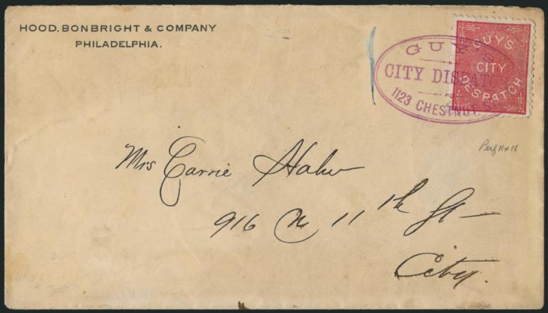 Guys City Despatch, Philadelphia Pa., (1c) Pink (74L1).> Choice centering, tied by purple Guys City Dispatch, 1123 Chestnut St. oval handstamp on cover to local street address, some slight overall soiling, Very
Fine, ex Hollowbush, signed Sloane,
