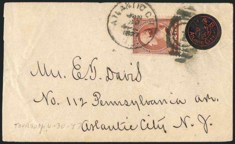 Hackney & Bolte Penny Post, Atlantic City N.J., (1c) Black on Red, Die Cut (153L1).> With 2c Red Brown (210), <both tied> by Atlantic City N.J. Jun. 30, 1887 4 PM duplex datestamp and cancel on
locally-addressed cover, slightly reduced at left<><
