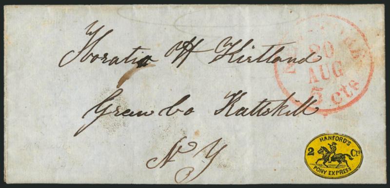 Hanfords Pony Express, New York N.Y., 2c Black on Orange Yellow (78L1).> Cut to shape and affixed to 1847 folded letter to Cattskill N.Y., red New-York 5cts. 20 Aug. integral-rate circular datestamp, fresh and
Very Fine, Scott Retail $1,500.00