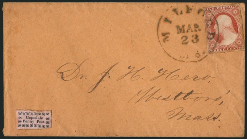 Hopedale Penny Post, Milford Mass., (1c) Black on Pink Glazed, Rayed Asterisks (84L1).> Large margins except clear at bottom right, uncancelled as usual, used with 3c Dull Red, Ty. II (11A), large margins to
touching at upper right, gum stains, tied