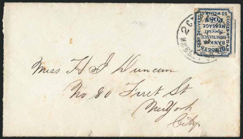 Husseys Post, New York N.Y., 1c Blue, Dated 1863 (87L27).> Large margins to slightly in, tear at lower left, tied by 2 Ct. Paid Hussey 50 Wm. St. Oct. 20 circular datestamp on small cover to local street
address, Fine stamp and fresh cover, ex Gol