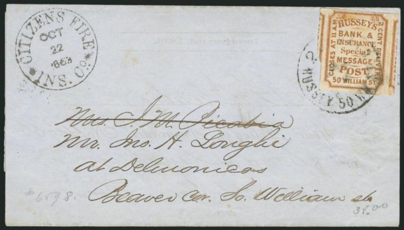 Husseys Post, New York N.Y., 2c Brown, Dated 1863 (87L35).> Two huge margins showing adjoining stamps at sides, other sides large to full, tied by 2 Ct. Paid Hussey 50 Wm. St. Oct. 22 circular datestamp on
insurance companys 1863 folded notice to
