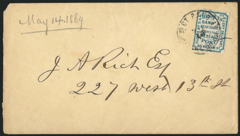 Husseys Post, New York N.Y., 2c Blue, Dated 1868 (87L40).> Clear to ample margins, tied by 2 Ct. Paid Hussey 50 Wm. St. May 15 circular datestamp on cover to local street address, docketed 1869, slight wear at
left edge, Fine and scarce, ex Golden