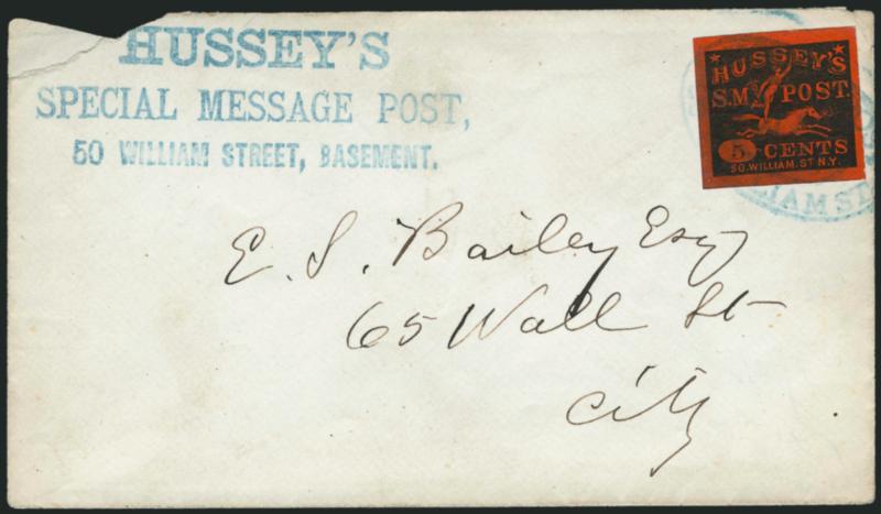 Husseys Post, New York N.Y., 5c Black on Red Glazed, Special Delivery (87LE1).> Large margins, rich color, tied by blue oval, matching HusseysSpecial Message Post50 Williams Street, Basement three-line
handstamp at left on cover to local street