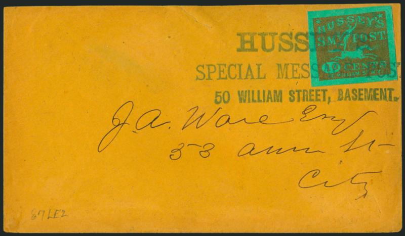Husseys Post, New York N.Y., 10c Gold on Green Glazed, Special Delivery (87LE2).> Large margins, tied by blue HusseysSpecial Message Post50 Williams Street, Basement three-line handstamp on orange cover to
local street address, Very Fine, with