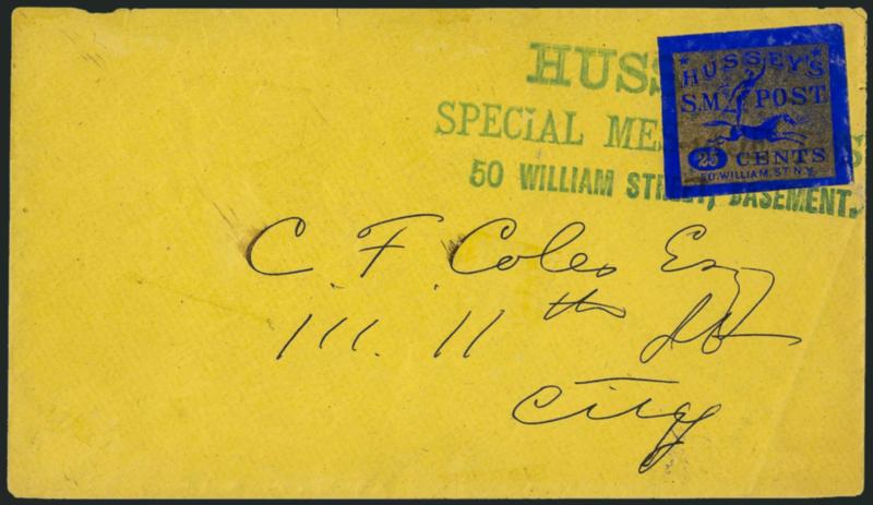 Husseys Post, New York N.Y., 25c Gold on Blue Glazed, Special Delivery (87LE5).> Large margins, tied by HusseysSpecial Message Post50 Williams Street, Basement three-line handstamp on philatelic cover to local
street address, missing small part
