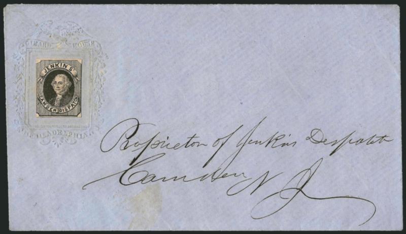 Jenkins Camden Dispatch, Camden N.J., (unstated value) Black, Fine Impression (89L1).> Large margins to just in, uncancelled and affixed to embossed cover addressed locally, Fine, with 1998 P.F. certificate
declining opinion as to its usage, but spe