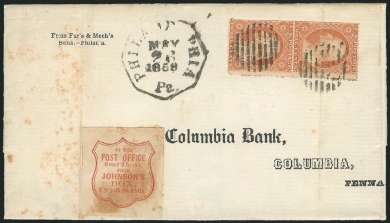 Johnsons Box, Philadelphia Pa., (unstated value) Red on White (unlisted in Scott).> Brownish gum stains, creased, used with pair of 3c Dull Red, Ty. III (26), s.e. at left, tied by grid cancels, Philadelphia
Pa. May 26, 1859 octagonal datestamp on