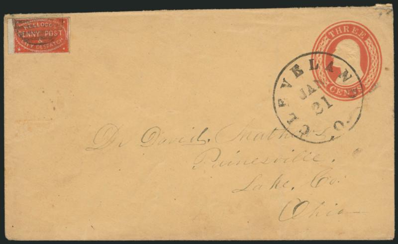 Kelloggs Penny Post & City Despatch, Cleveland O., (1c) Vermilion (92L1).> Large margin at left appears to be a sheet margin, other sides ample to clear, vivid color and very fresh, <tied by black grid cancel>
with matching Cleveland O. Jan. 21 (1