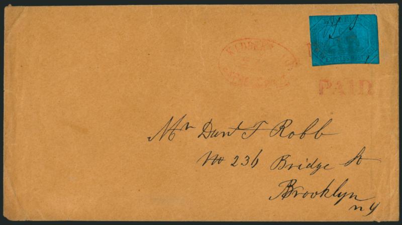Kidders City Express Post, Brooklyn N.Y., 2c Black on Blue Glazed (93L1).> Ms. IS (Isaac Snedeker) control initials, clear to large margins except barely in at left, pre-use corner crease, <tied> by red ^PAID^
handstamp, second strike below stam