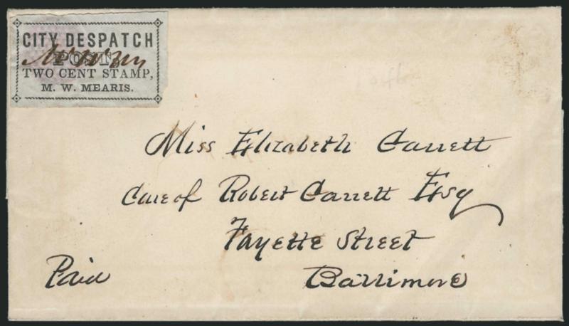 Mearis City Despatch Post, Baltimore Md., 2c Black on Gray (103L3).> Kelly Type G, Position 1 in our plating analysis (small Post, sans-serif City Despatch, similar to Type F except slightly different letter
spacing), large margins except just c