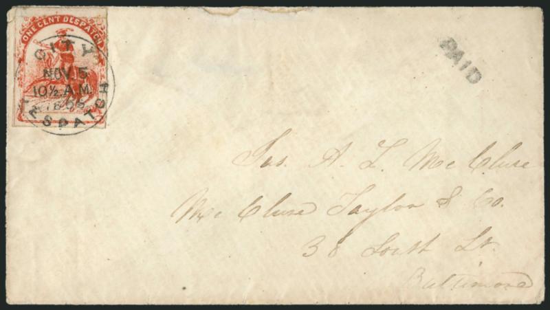 One Cent Despatch (Wiley), Baltimore Md., 1c Red (112L2).> Tied by neat strike of City Despatch Nov. 5, 1856 circular datestamp on cover to local street address, neat Paid handstamp at top right, stamp with
faint pre-use horizontal crease at top