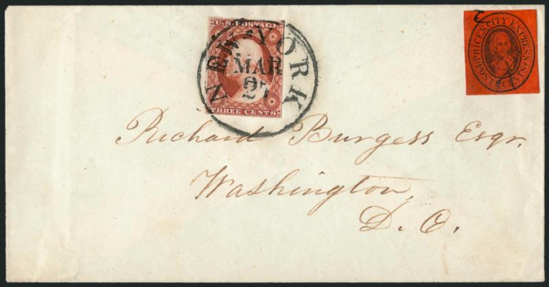 Prices City Express, New York N.Y., 2c Black on Vermilion Glazed (119L1).> Large margins, tied by ms. and used with 3c Dull Red, Ty. II (11A), tied by New-York Mar. 27 circular datestamp to Washington D.C.,
Very Fine, ex Middendorf, with 1998 P.F.