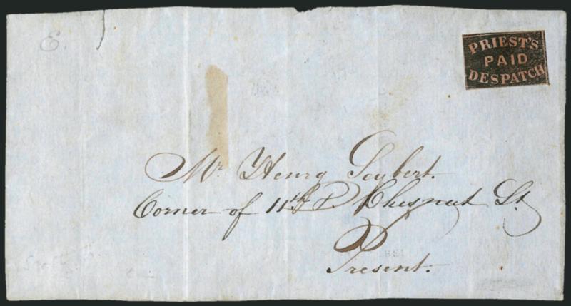 Priests Despatch, Philadelphia Pa., (2c) Black on Rose Wove (121L4).> Margins slightly cutting in, uncancelled as usual, used on front only to Henry Seybert at 11th and Chestnut Streets<><>^FINE AND RARE. ONE
OF ONLY NINE PRIESTS DESPATCH BLACK-O