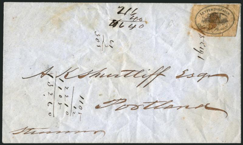 Princes Letter Dispatch, Portland Me., (unstated value) Black (122L1).> Large margins to clear, tied by gum soaks on blue folded cover to Portland, wrinkles also affect cover and stamp, stamp with tear at
bottom, otherwise Fine, scarce used on cov