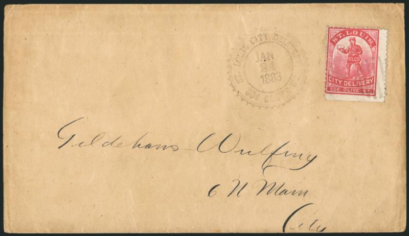 St. Louis City Delivery Co., St. Louis Mo., (1c) Red, Perf 12 (131L1).> Tied by grid with St. Louis City Delivery, 506 Olive St. Jan. 24, 1883 sawtooth double-circle datestamp on wrapper to local street
address<><>^VERY FINE. THE ST. LOUIS CITY D