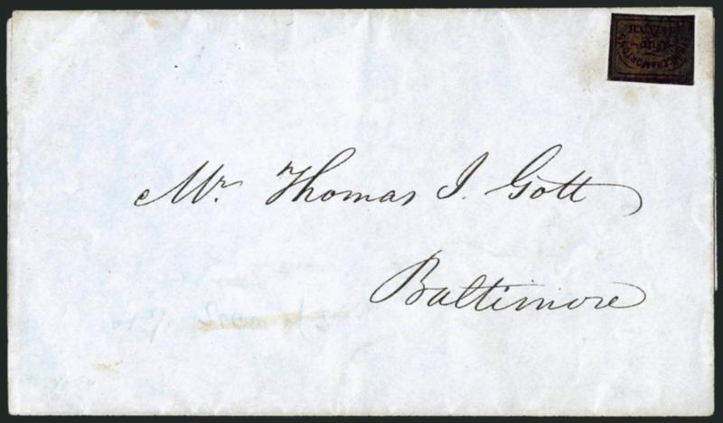 Stringer & Mortons City Despatch, Baltimore Md., (1c) Gold on Black Glazed (134L1).> Uncancelled, used on blue folded cover to Baltimore, Very Fine, with 1991 P.F. certificate, Scott Retail $700.00