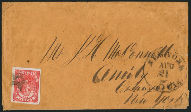 Swarts City Dispatch Post, New York N.Y., (2c) Red on Blue Wove (136L6).> Large margins, rich color, tied by <five-point hollow star> cancel on buff cover to Amity N.Y., New-York 5cts. Aug. 21 integral-rate
circular datestamp for charge due, sligh