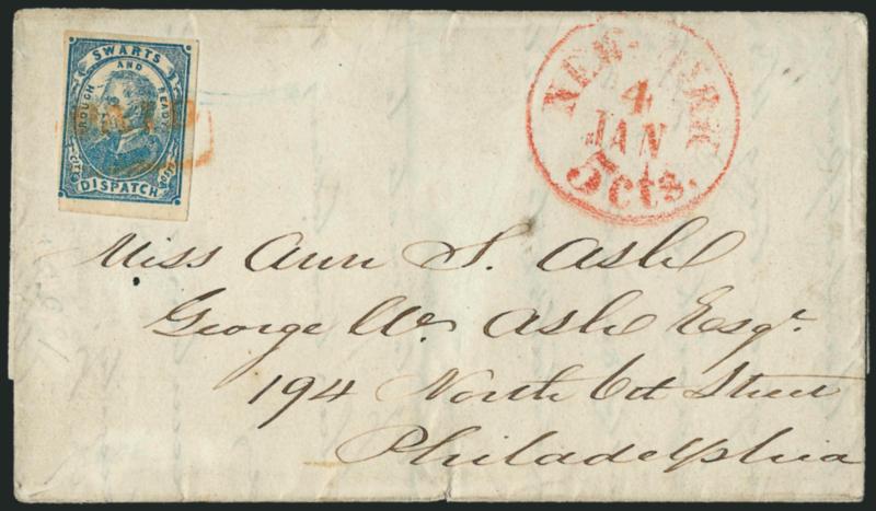 Swarts City Dispatch Post, New York N.Y., (2c) Blue on Wove (136L8).> Large margins to barely touched, tied by red boxed Paid handstamp on folded letter to Philadelphia, red New-York 5cts. Jan. 4 integral-rate
circular datestamp, trivial edgewea