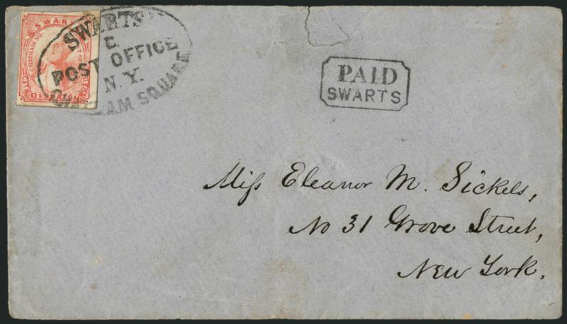 Swarts City Dispatch Post, New York N.Y., (1c) Red on Wove (136L9).> Large margins to clear, tied by bold strike of Swarts Chatham Square Post Office New York oval handstamp on gray cover to local street
address, neat Paid Swarts handstamp, miss