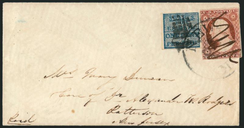 Swarts City Dispatch Post, New York N.Y., 1c Blue, For the U.S. Mail (136L14).> Large margins to touched, tied by cork and used with 3c Dull Red, Ty. II (11A) with ms. cancel, both tied by indistinct New York
circular datestamp on cover to Paterso