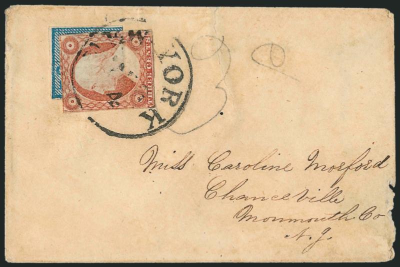 Swarts City Dispatch Post, New York N.Y., 1c Blue For the U.S. Mail (136L14).> On small cover to Chanceville N.J., with 3c Dull Red, Ty. II (11A) <affixed on top of local stamp by letter carrier,> tied by
New-York Aug. 4 circular datestamp, ms.