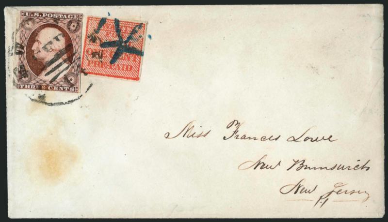 Swarts City Dispatch Post, New York N.Y., 1c Red (136L15).> Three large margins, just touched at left, used with 3c Brownish Carmine, Ty. II (11A), large margin at left, touched or slightly in on other sides,
very lightly oxidized, 1c tied by blue 5