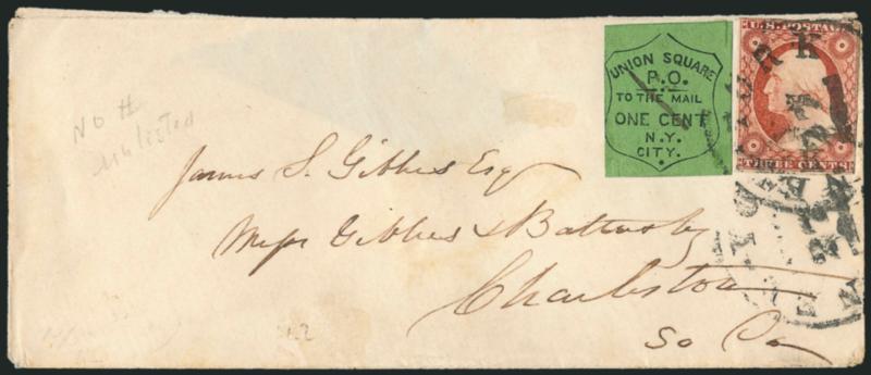 Union Square Post Office, New York N.Y., 1c Black on Light Apple Green (141L2).> Large margins to just in, scissors-cut at top right not affecting design, used with 3c Dull Red, Ty. II (11A) and both tied by
New-York Aug. 27 circular datestamp on c