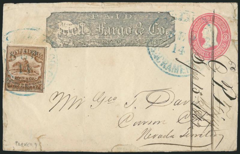 Wells, Fargo & Co., Pony Express, 10c Brown (143L7).> Large margins to just in at bottom, tied by blue Wells, Fargo & Co. Sacramento Sep. 14 double-circle datestamp on 3c Pink entire (U34) with Wells, Fargo &
Co. printed frank, to Carson City Nevad