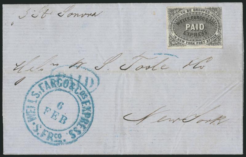 Wells, Fargo & Co., (unstated value) Black, To Be Dropped in New York Post Office (143LP1).> Large margins to just clear at top right, uncancelled, used on blue folded letter datelined <<San Francisco Febry. 4,
1860>> to Towle & Co. in New York C