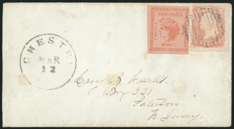 Westervelts Post, Chester N.Y., (1c) Red on Pink (144L9).> Full to large margins, bright color, used with 3c Rose (65), both stamps <tied> by 10-bar grid, Chester N.Y. Mar. 12 (ca. 1864-65) circular datestamp
on cover to Paterson N.J.<><>^EXTREM